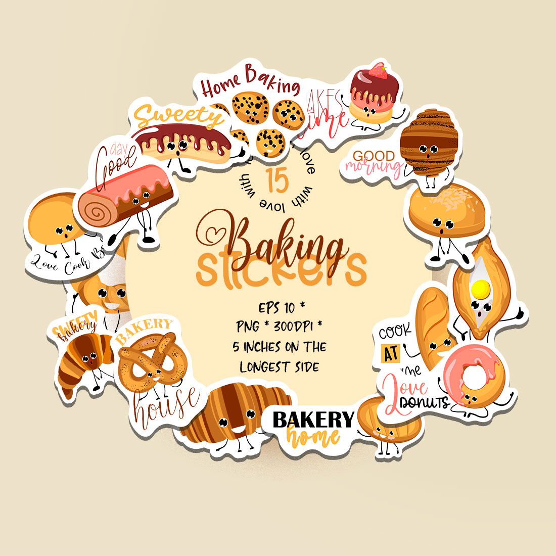Set of stickers with pastries and bakery | 15 baking sticker designs cover image.