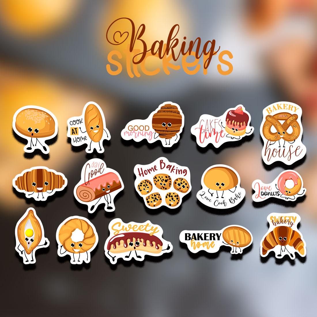 Set of stickers with pastries and bakery | 15 baking sticker designs preview image.