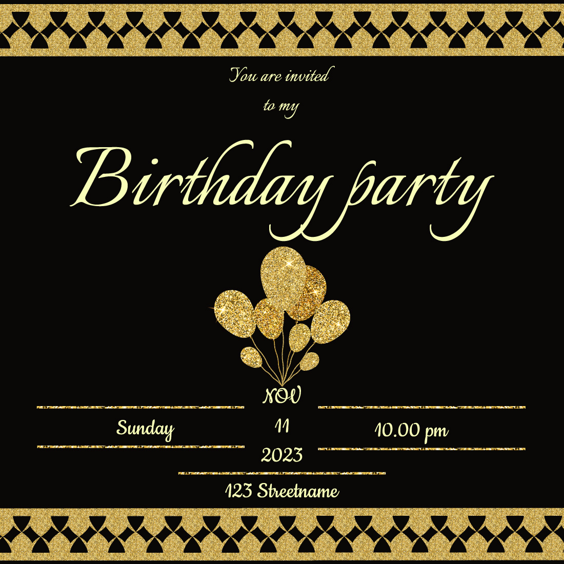Birthday invitation card with golden sparkles, balloons and inscription cover image.