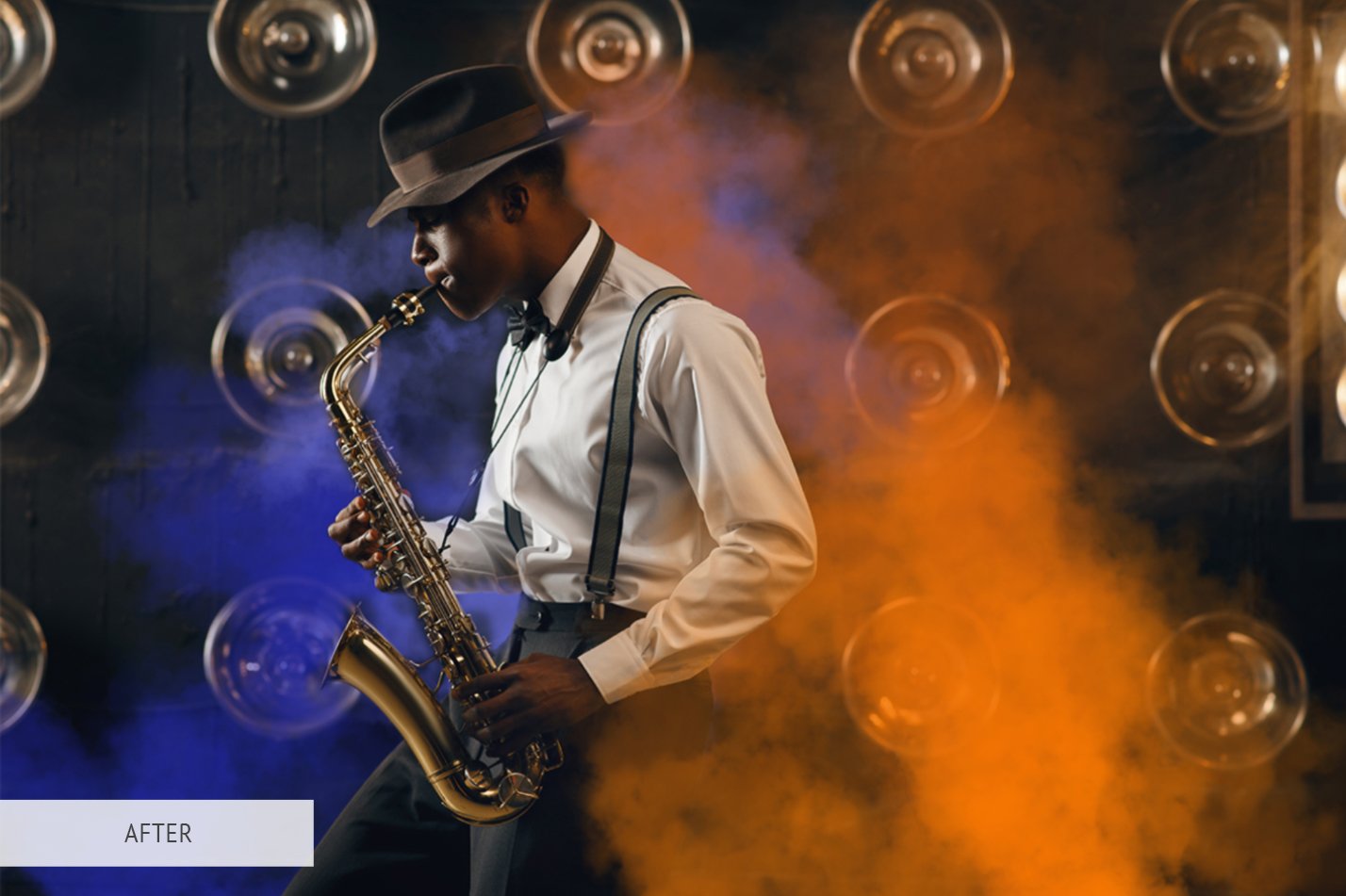 black jazzman in hat plays the saxophone on stage lnhtgd5 333
