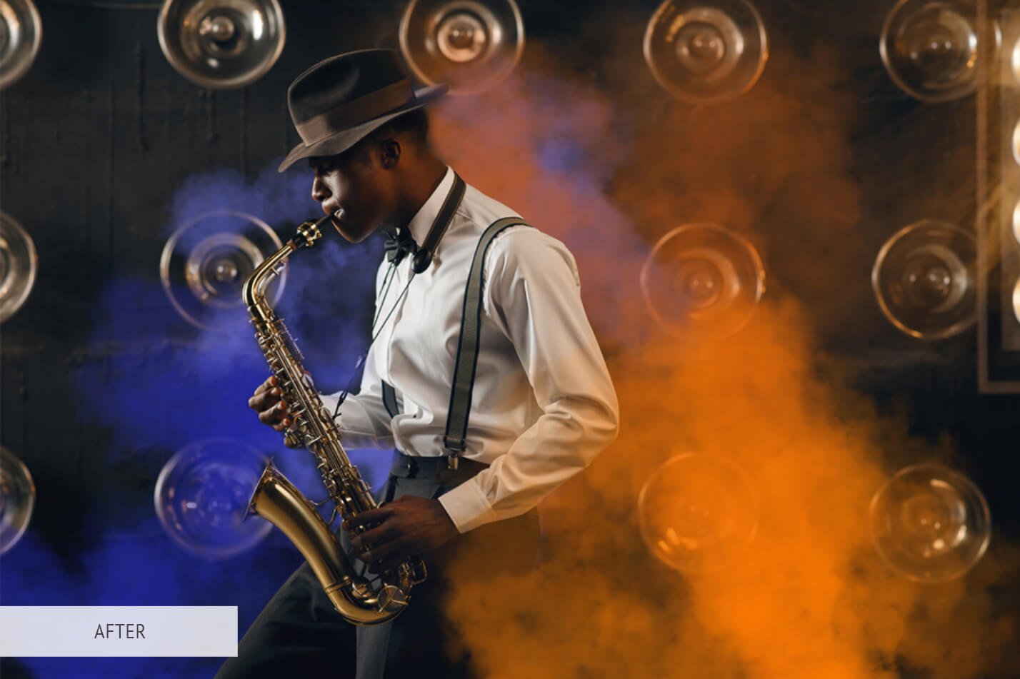 black jazzman in hat plays the saxophone on stage lnhtgd5 86