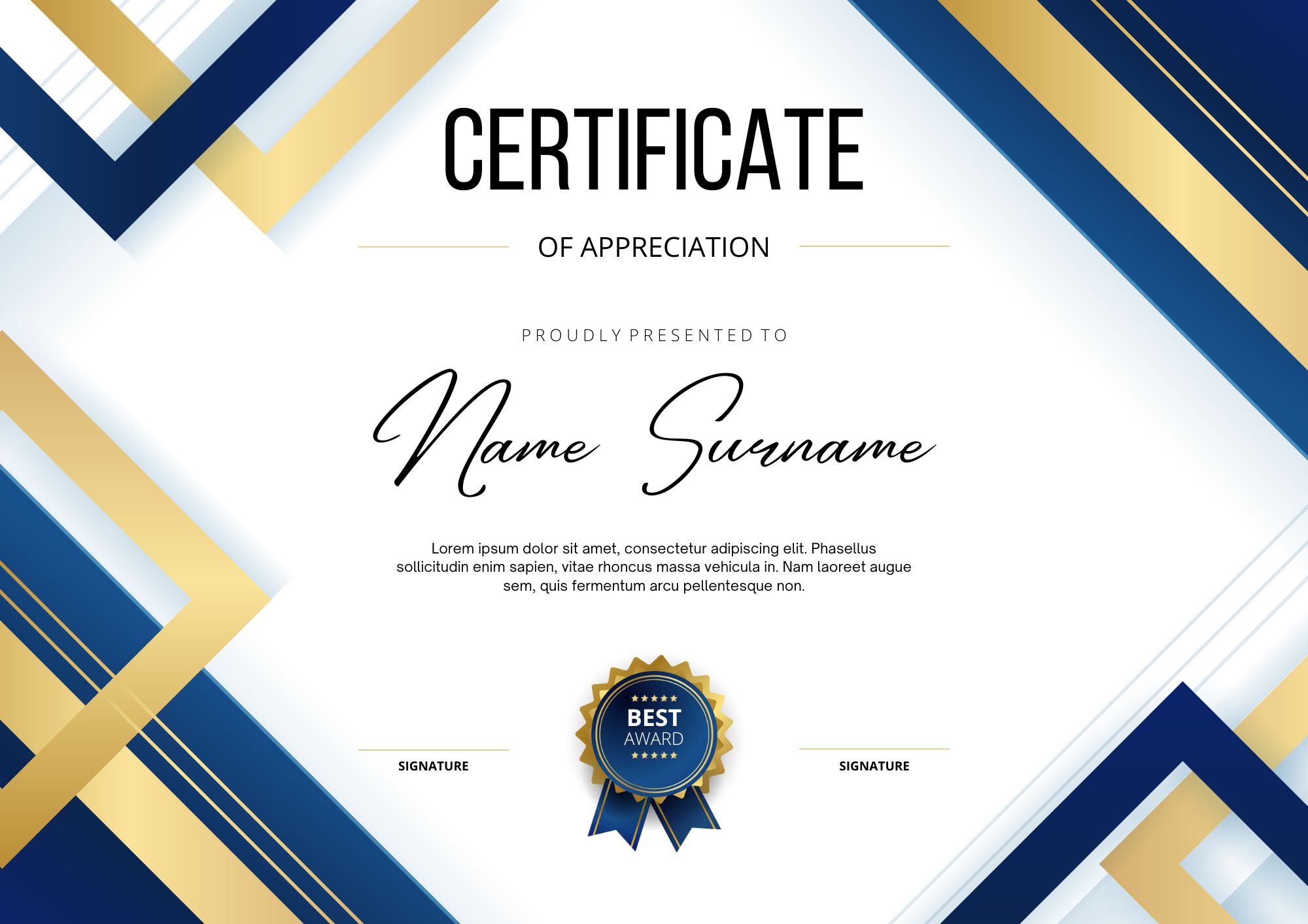 blue and gold elegant certificate of appreciation template 123