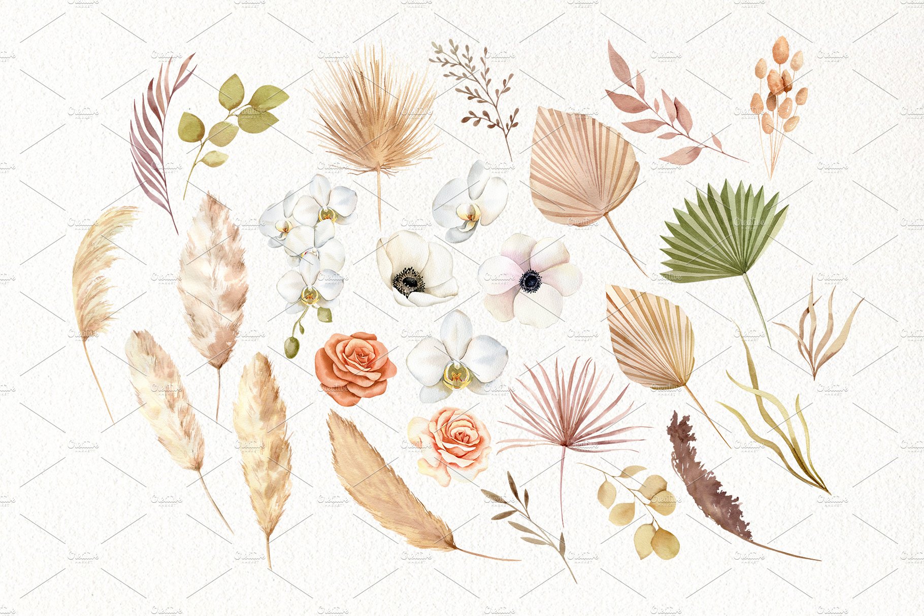 Watercolor boho floral clipart preview image.