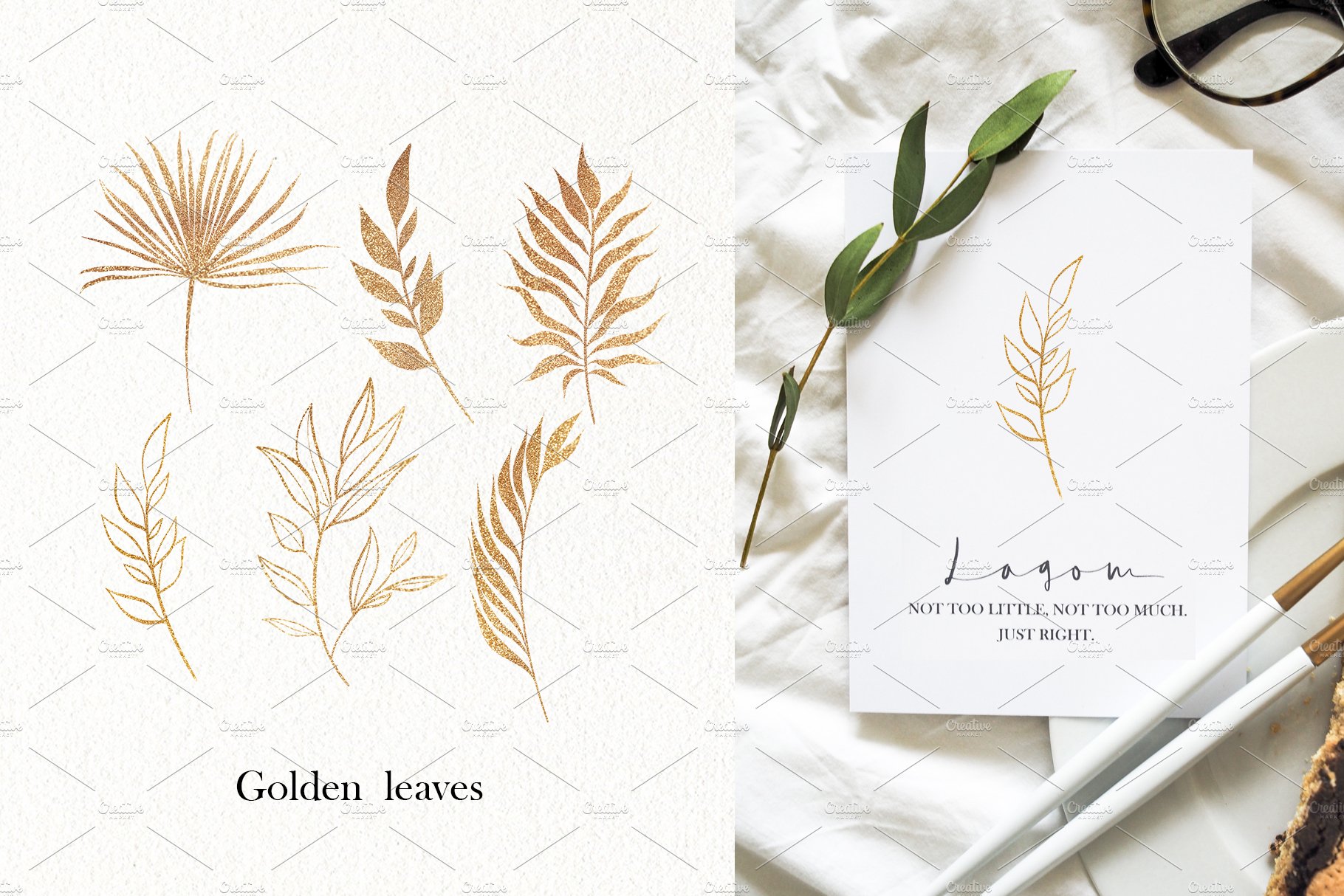 Golden leaves on a white background next to a pair of eyeglasses.