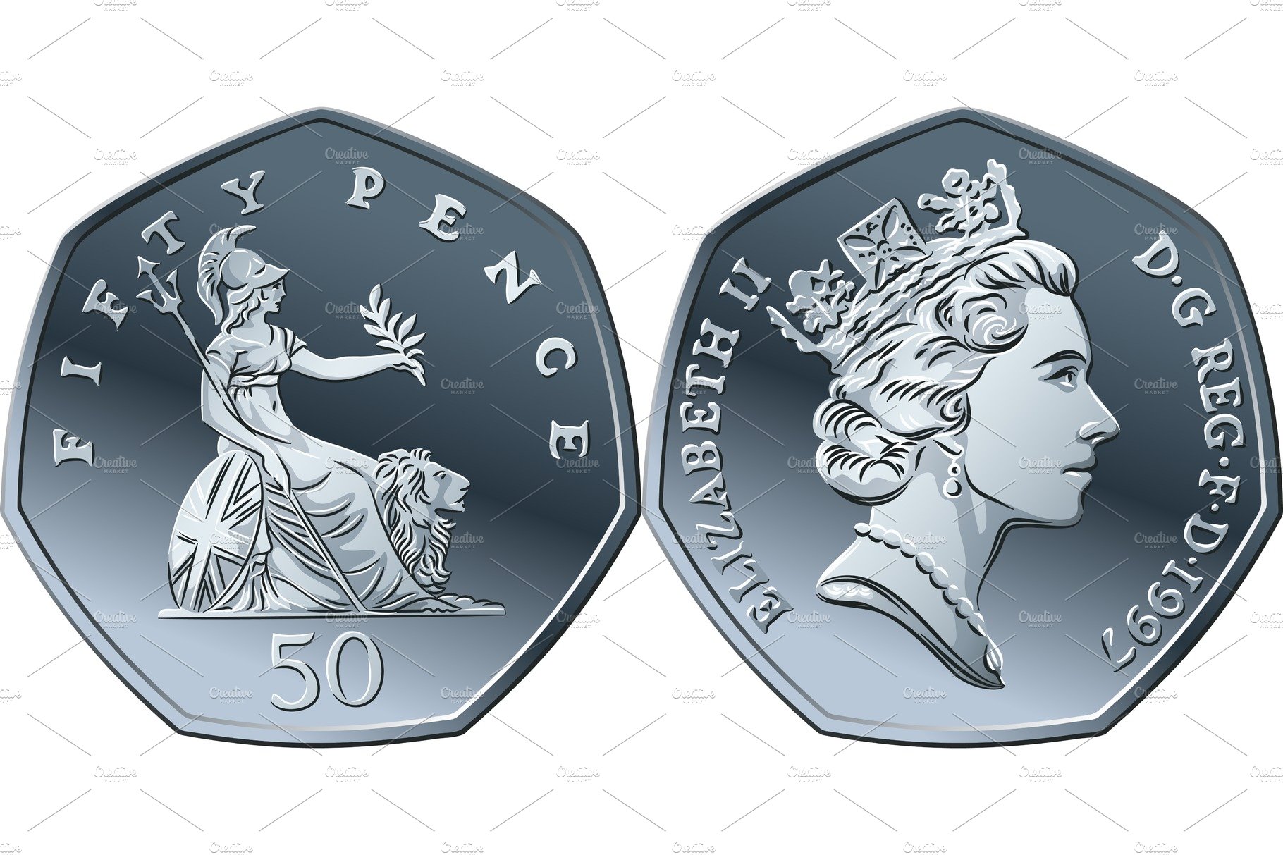 A 50p coin with the image of a woman and a dog.