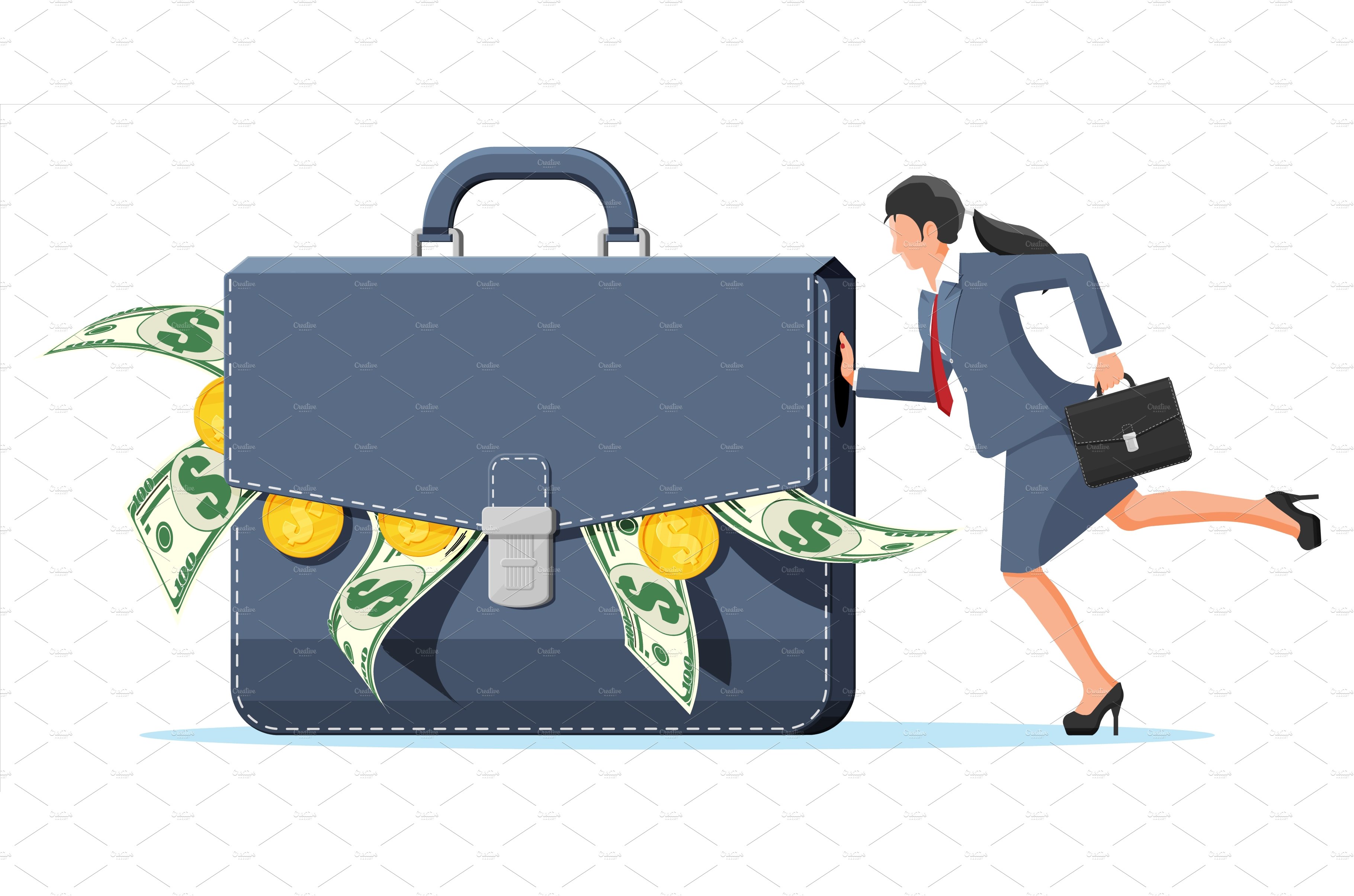 A business woman pushing a briefcase full of money.