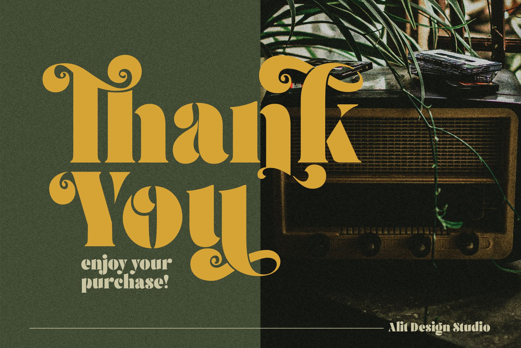 A green and yellow thank you card with an old radio.