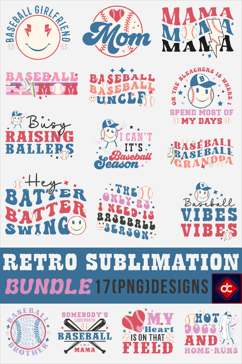 Retro Baseball Sublimation Design Bundle pinterest preview image.