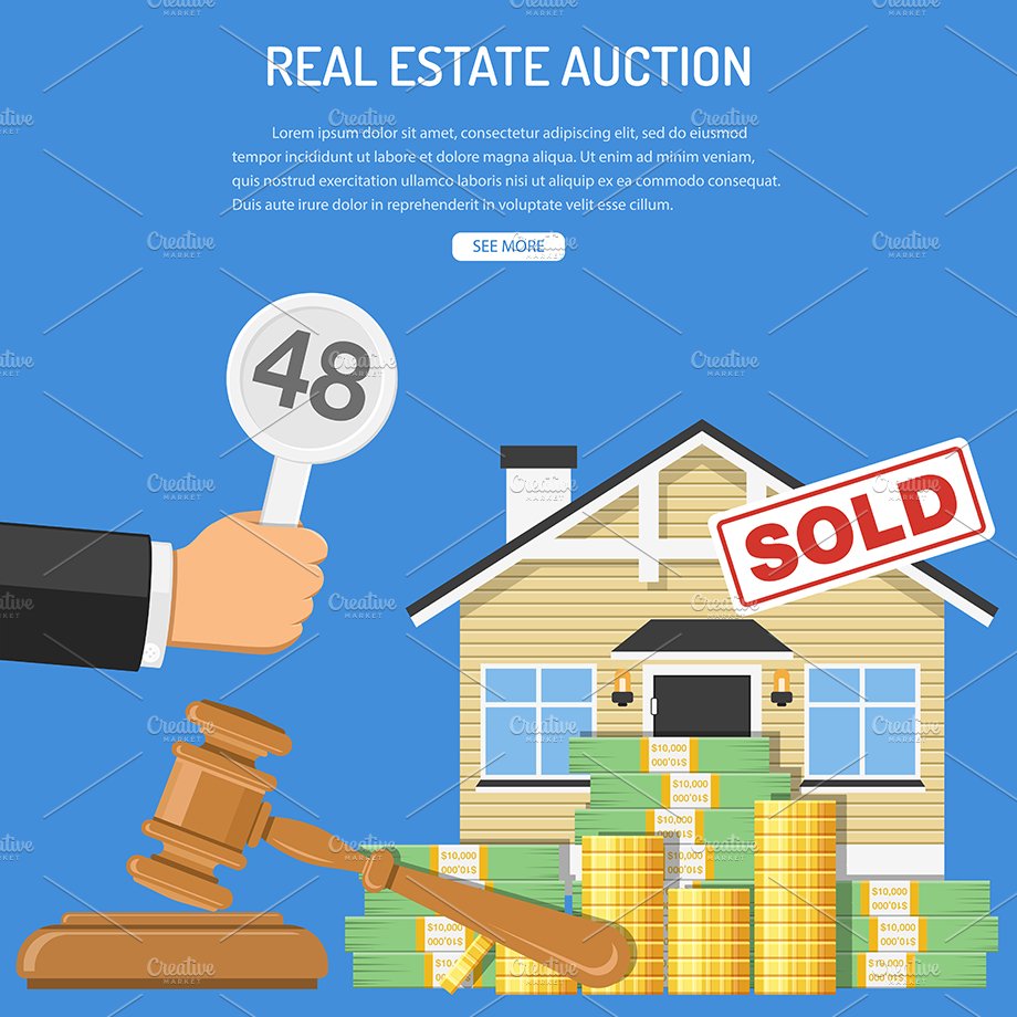 A real estate auction poster with a house and a hammer.