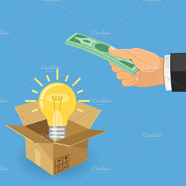 A hand giving money to a light bulb in a box.