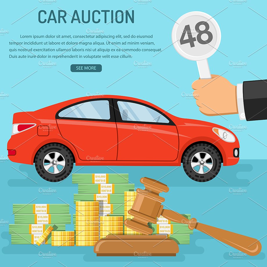 A car auction with a judge's hammer and a pile of money.