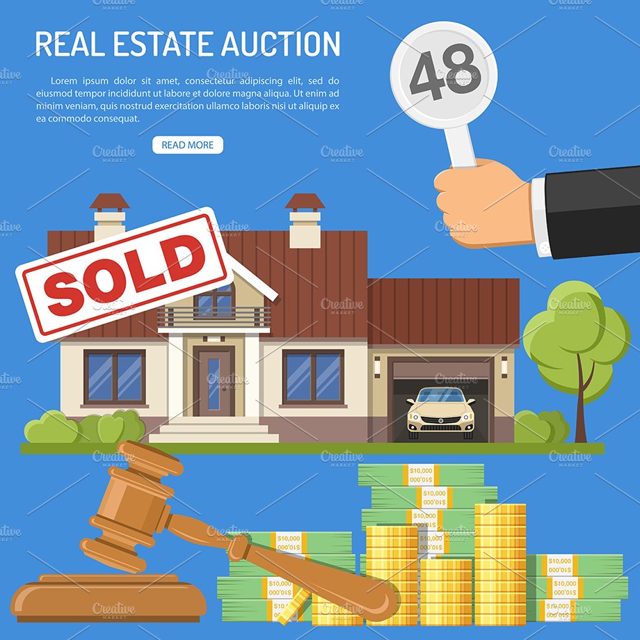 A real estate auction flyer with a house and a sold sign.