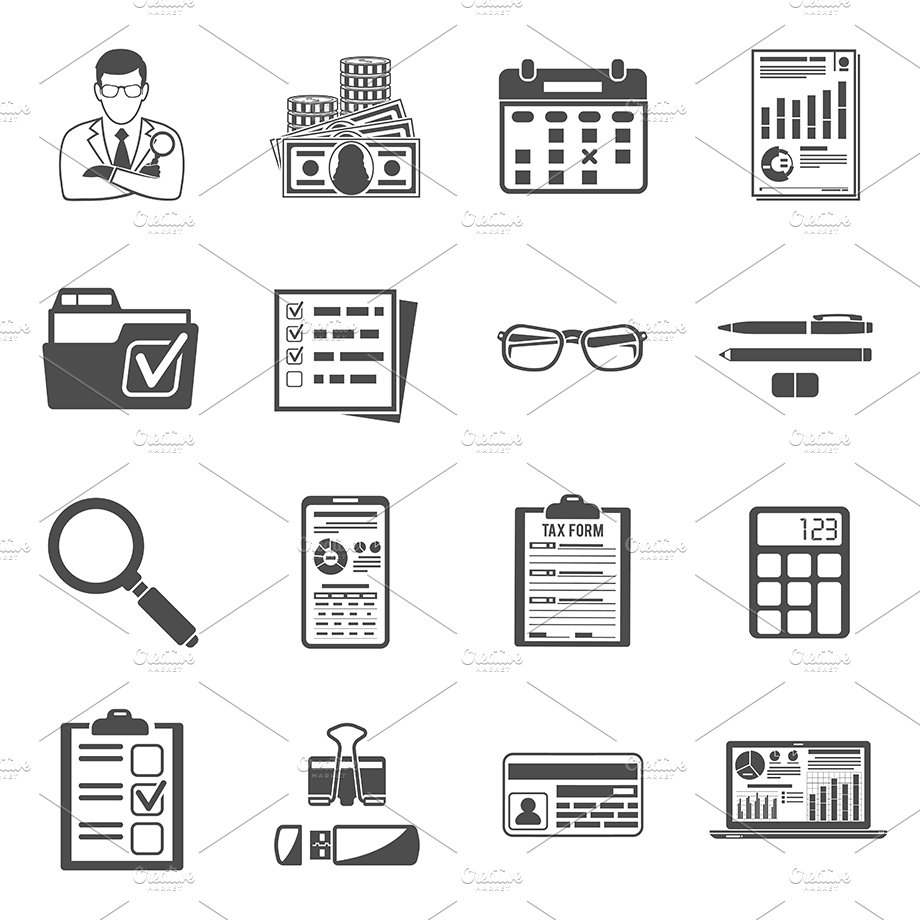 A set of black and white icons on a white background.