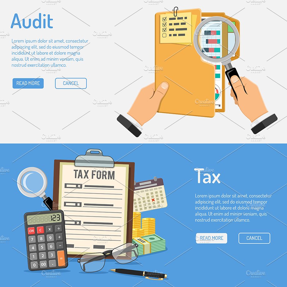 Two horizontal banners with a hand holding a magnifying glass and a tax form.