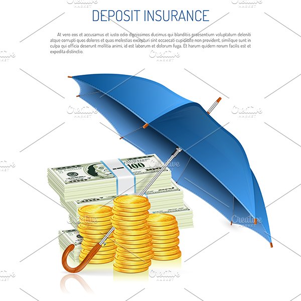 A blue umbrella over stacks of money.