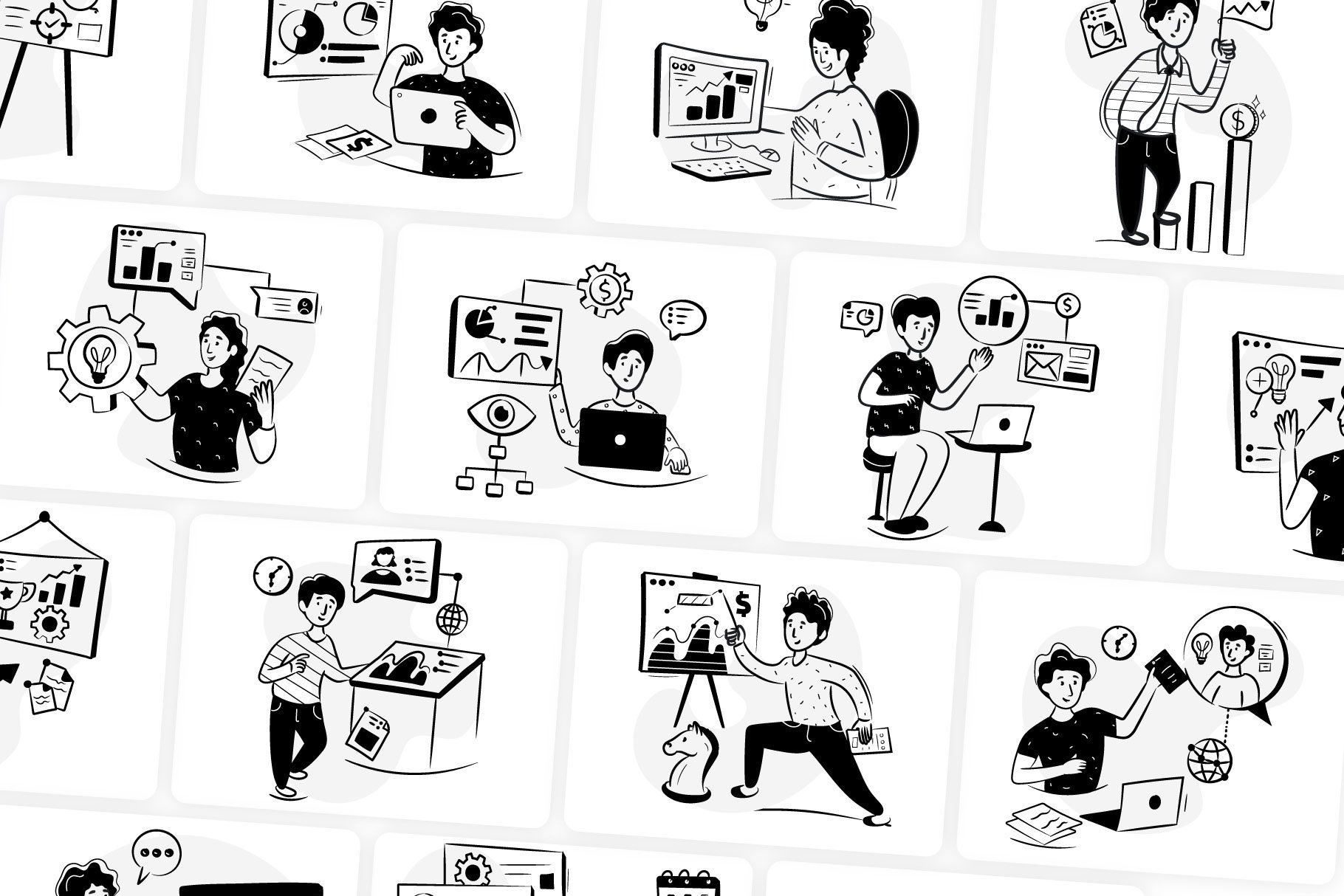 A series of black and white illustrations of people doing different things.