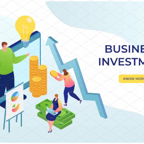 A business investment landing page with people and money stacks.