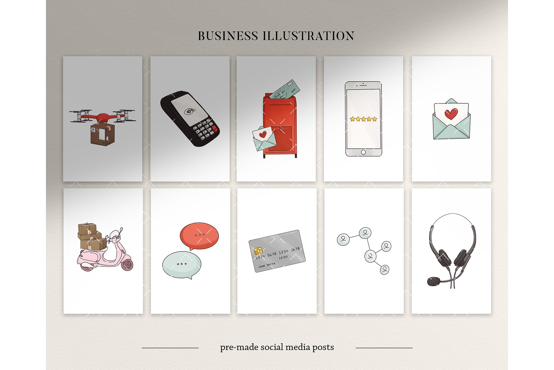 A series of business illustrations of various items.