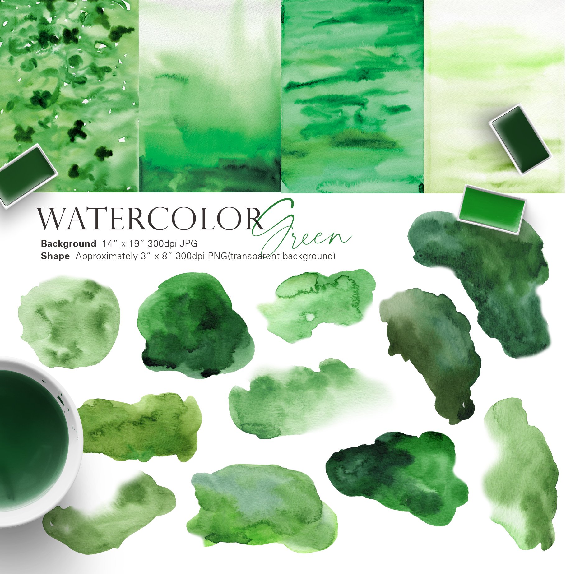 Green watercolor background with a cup of coffee.