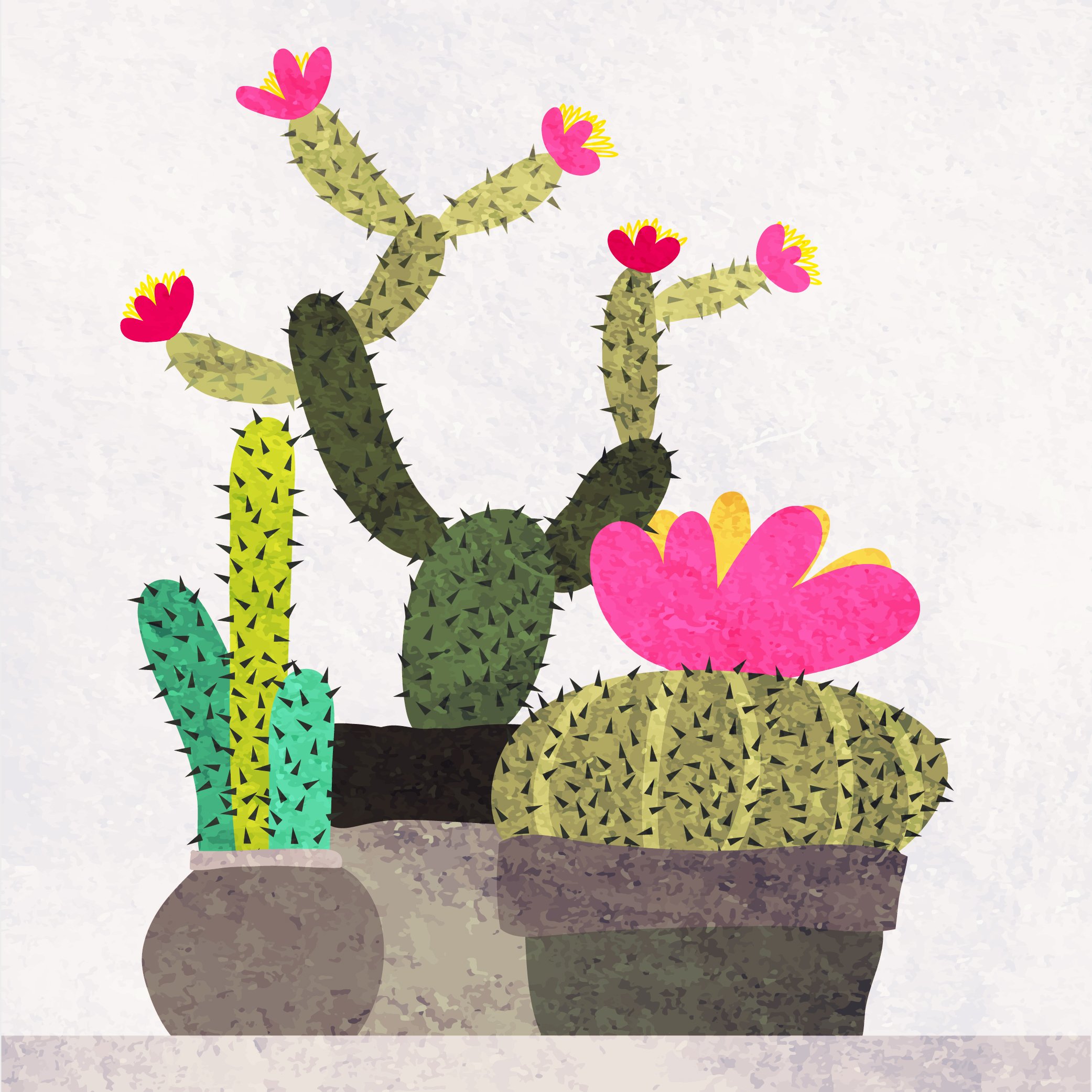 Painting of a potted cactus with pink flowers.