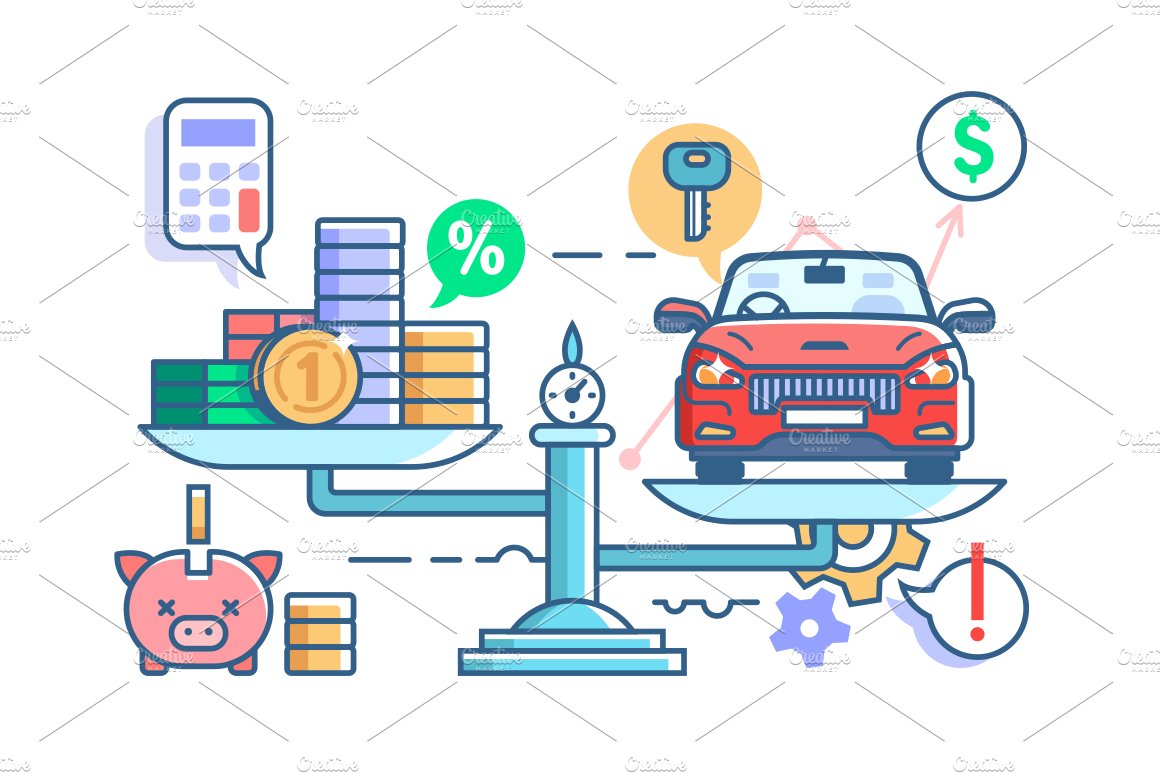 A car on a scale with money and coins.