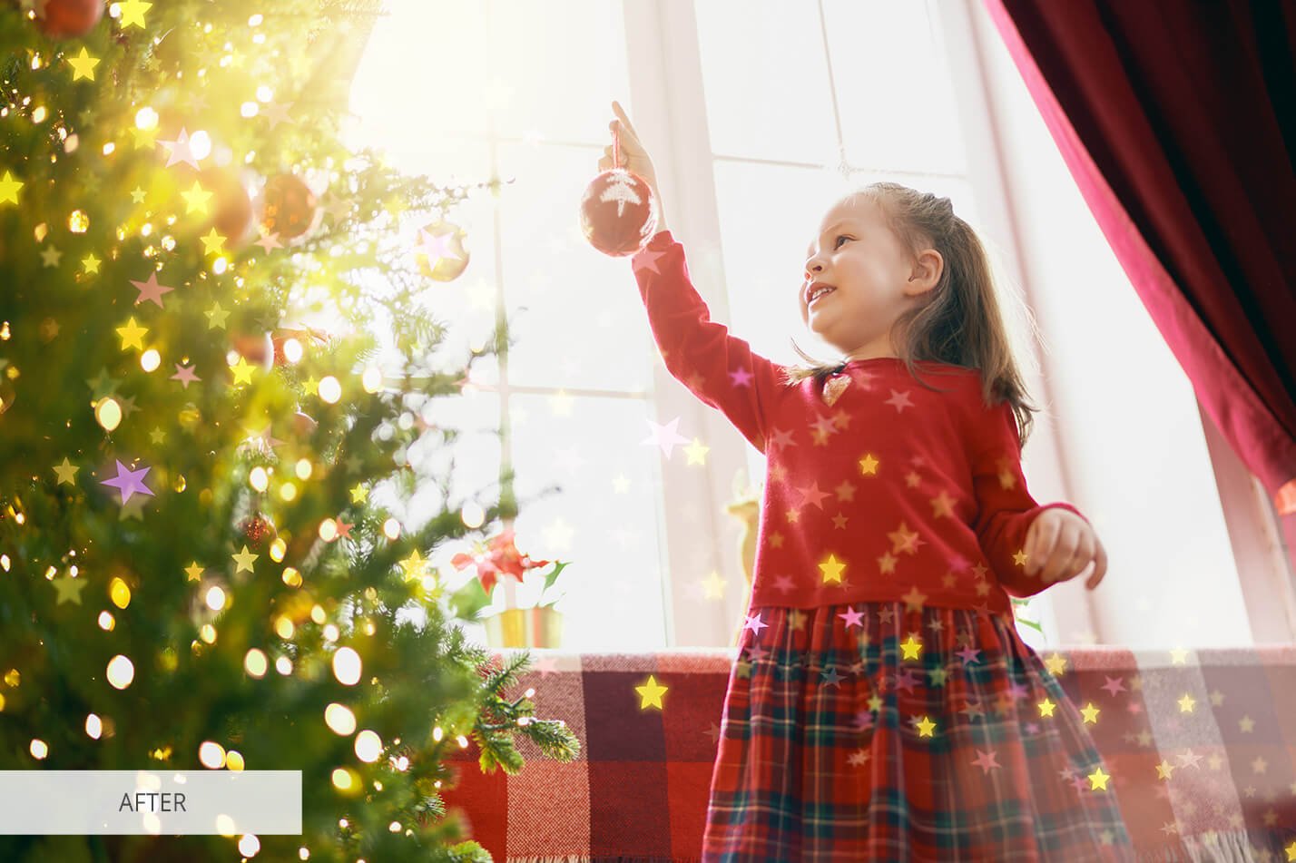 child with baubles near tree at home u8a5876 98