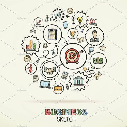 A business sketch with icons in the shape of a brain.