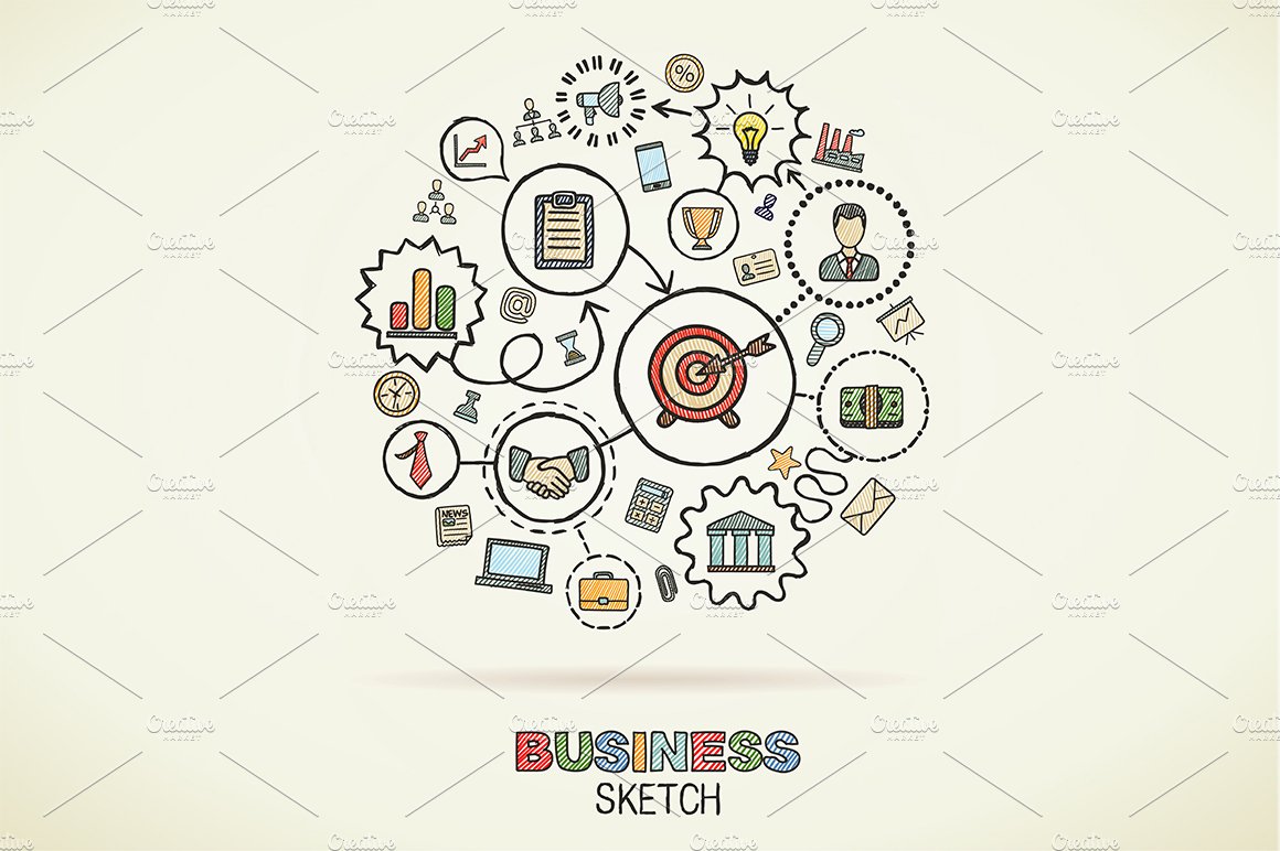 A business sketch with icons in the shape of a brain.