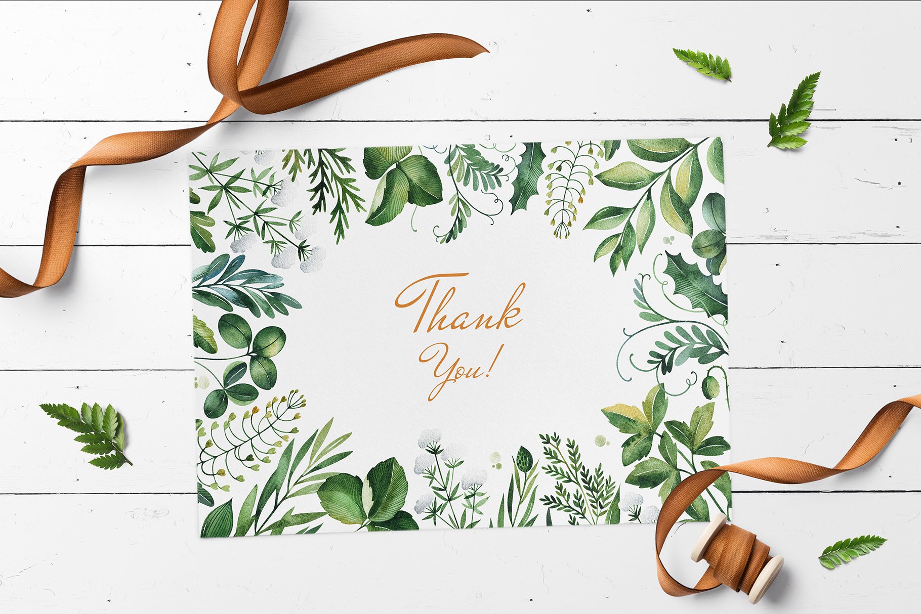 Thank card with leaves and ribbons.