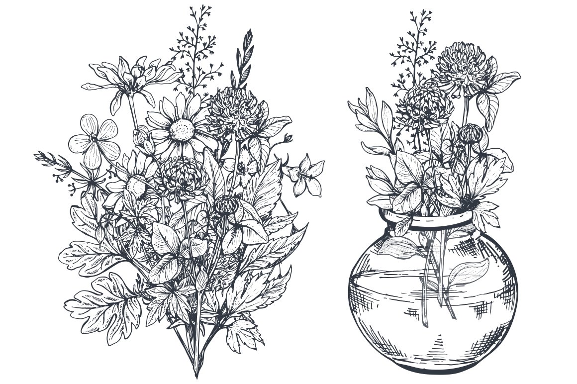 Two vases filled with flowers on a white background.