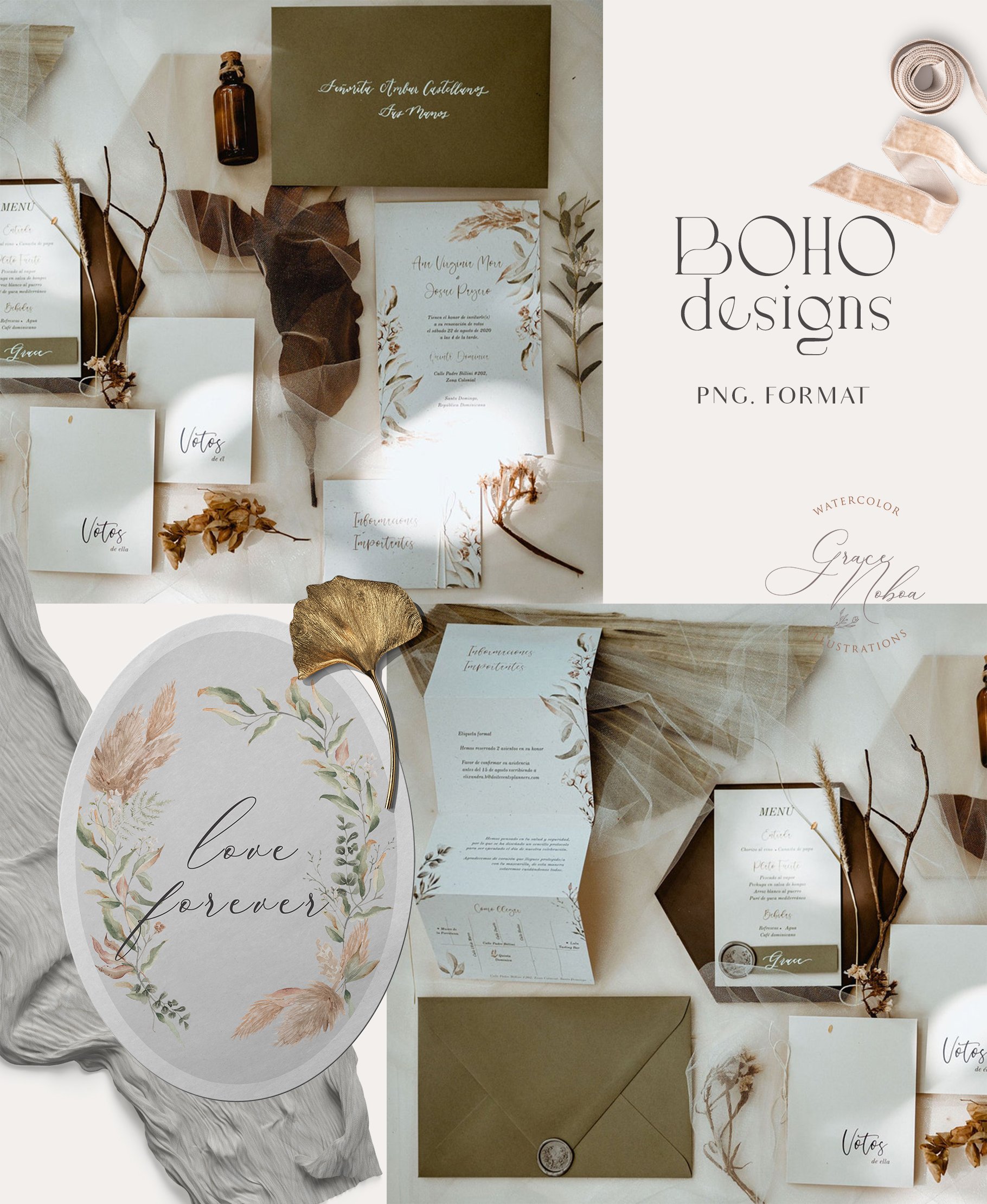 Collage of wedding stationery and stationery items.