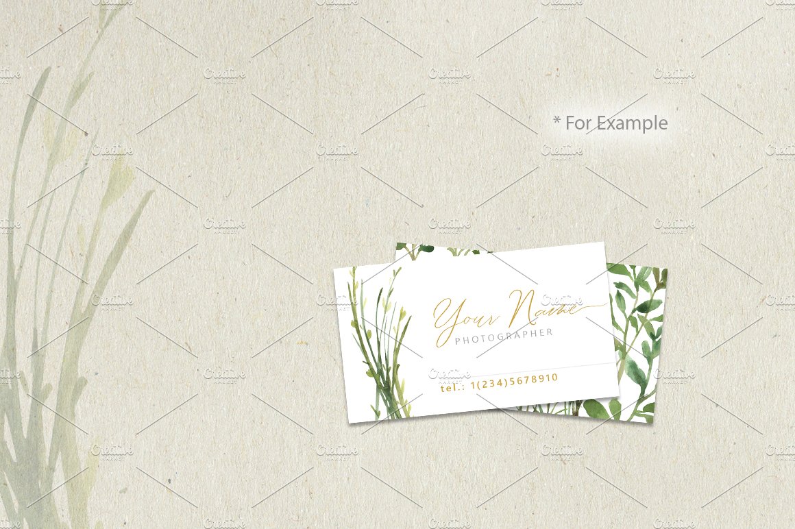 White business card with a green plant on it.