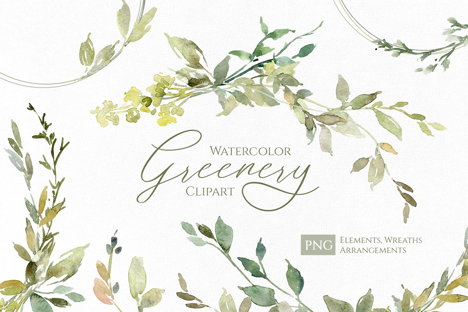 Watercolor greeney clipart with leaves and branches.