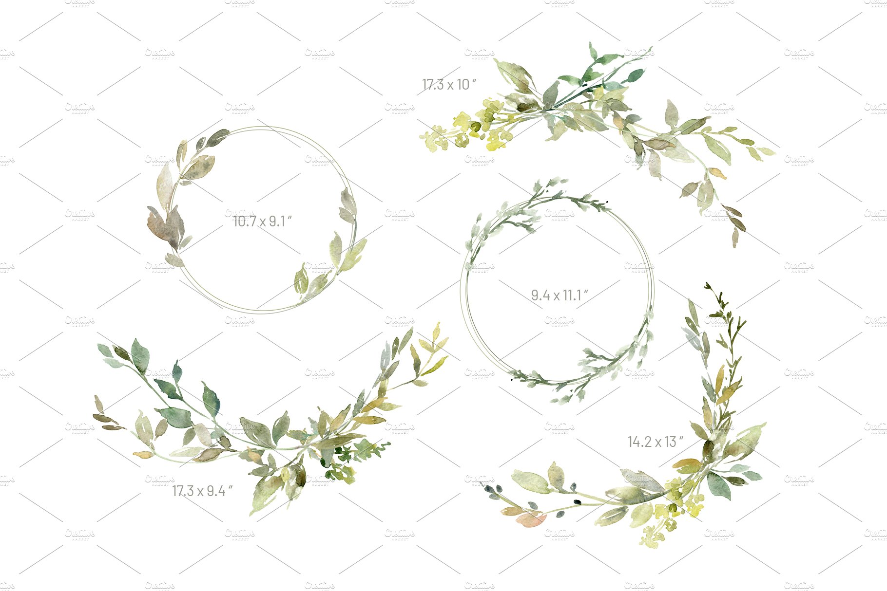 Set of watercolor wreaths with leaves.