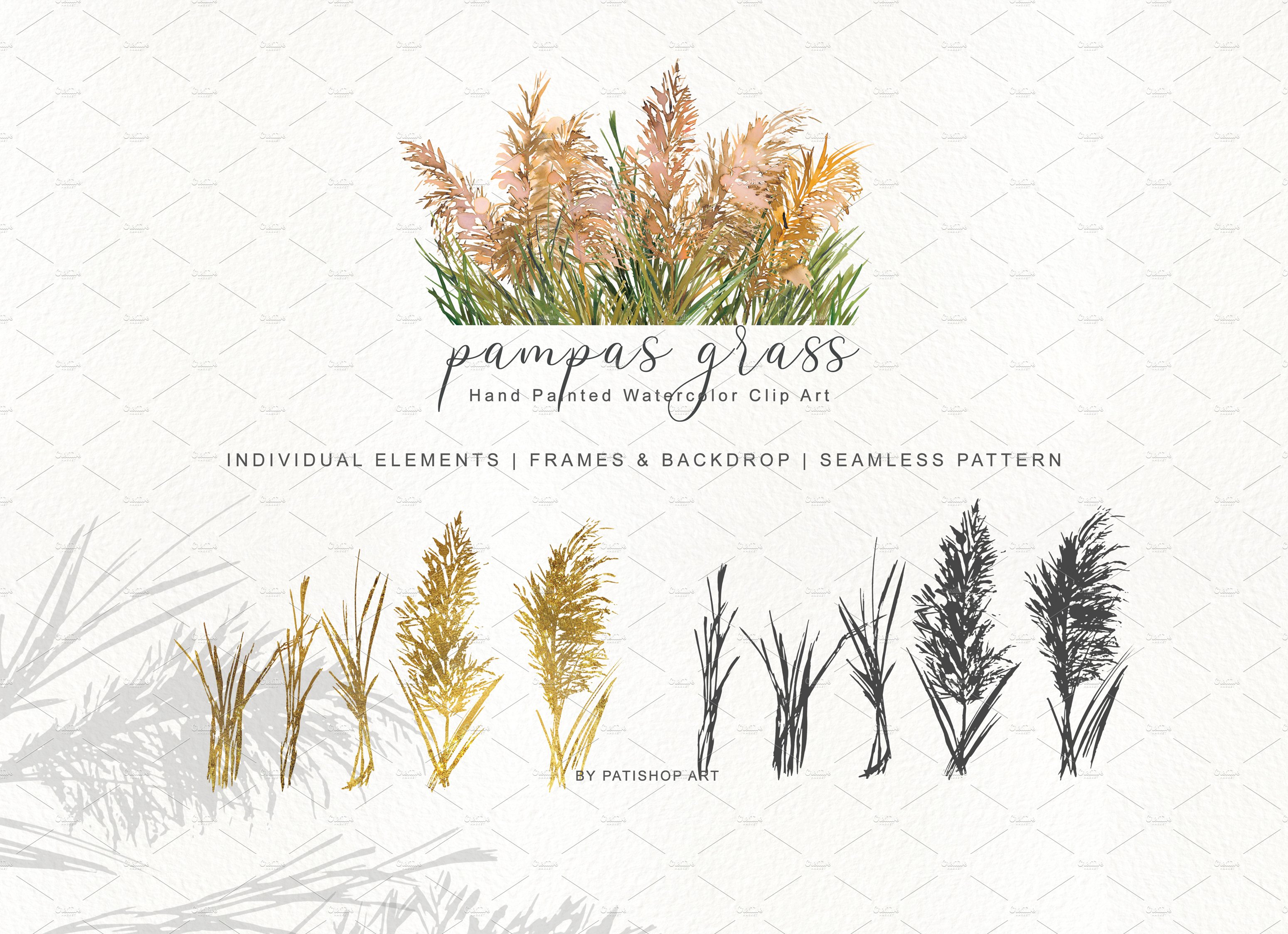 Set of watercolor plants and grasses on a white background.