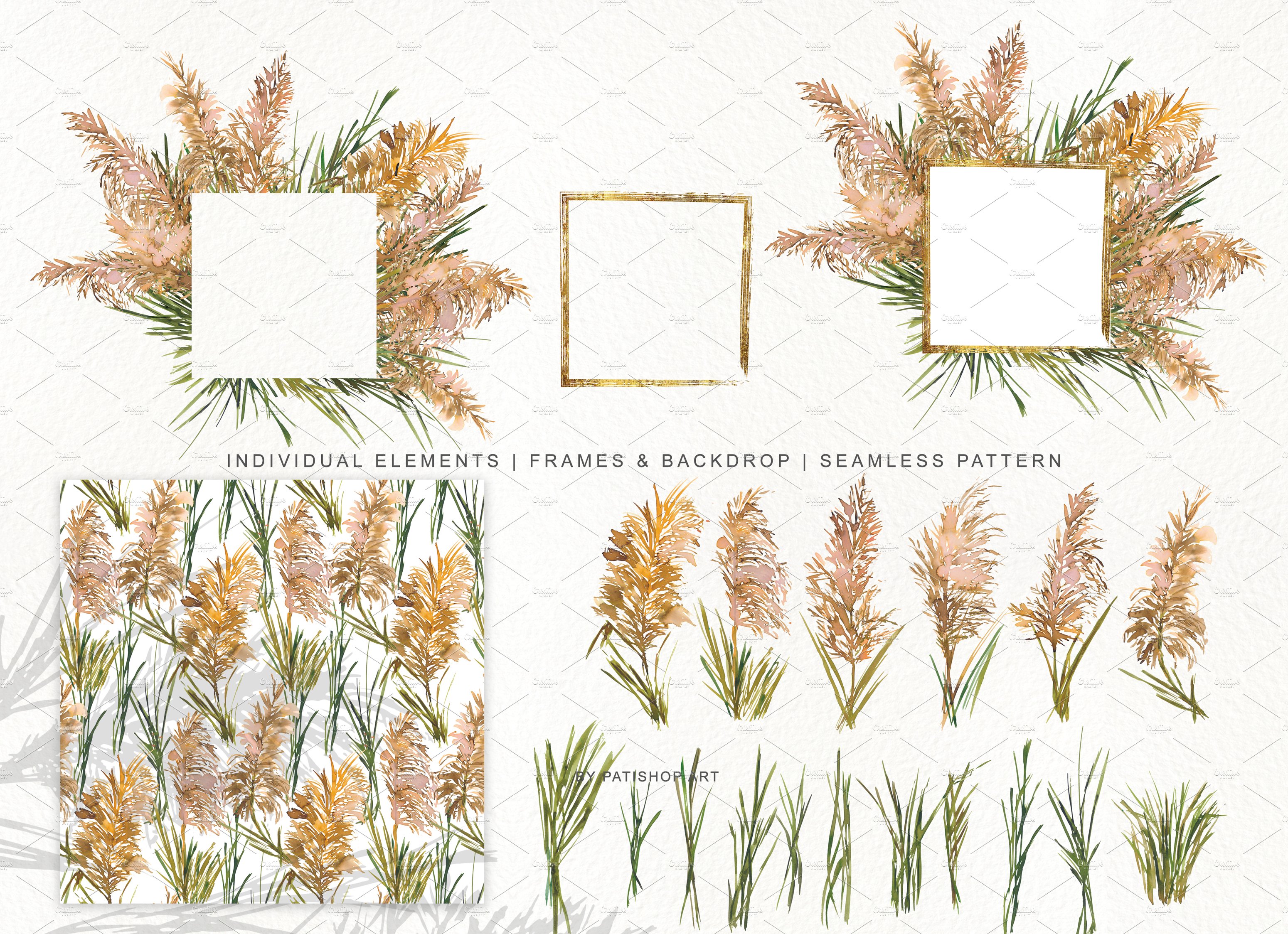 Collection of watercolor flowers and grasses.