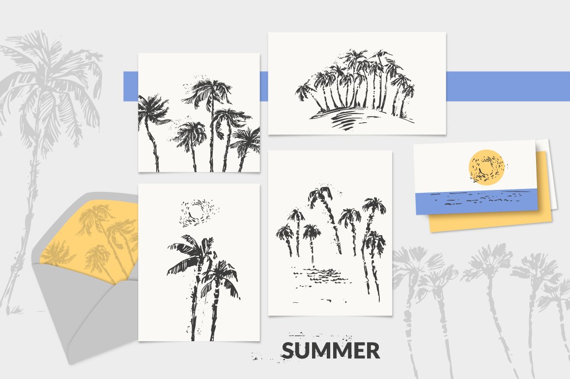 Bunch of cards with palm trees on them.