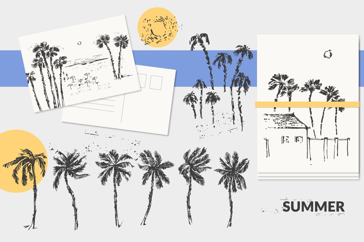 Bunch of palm trees with a blue and yellow background.
