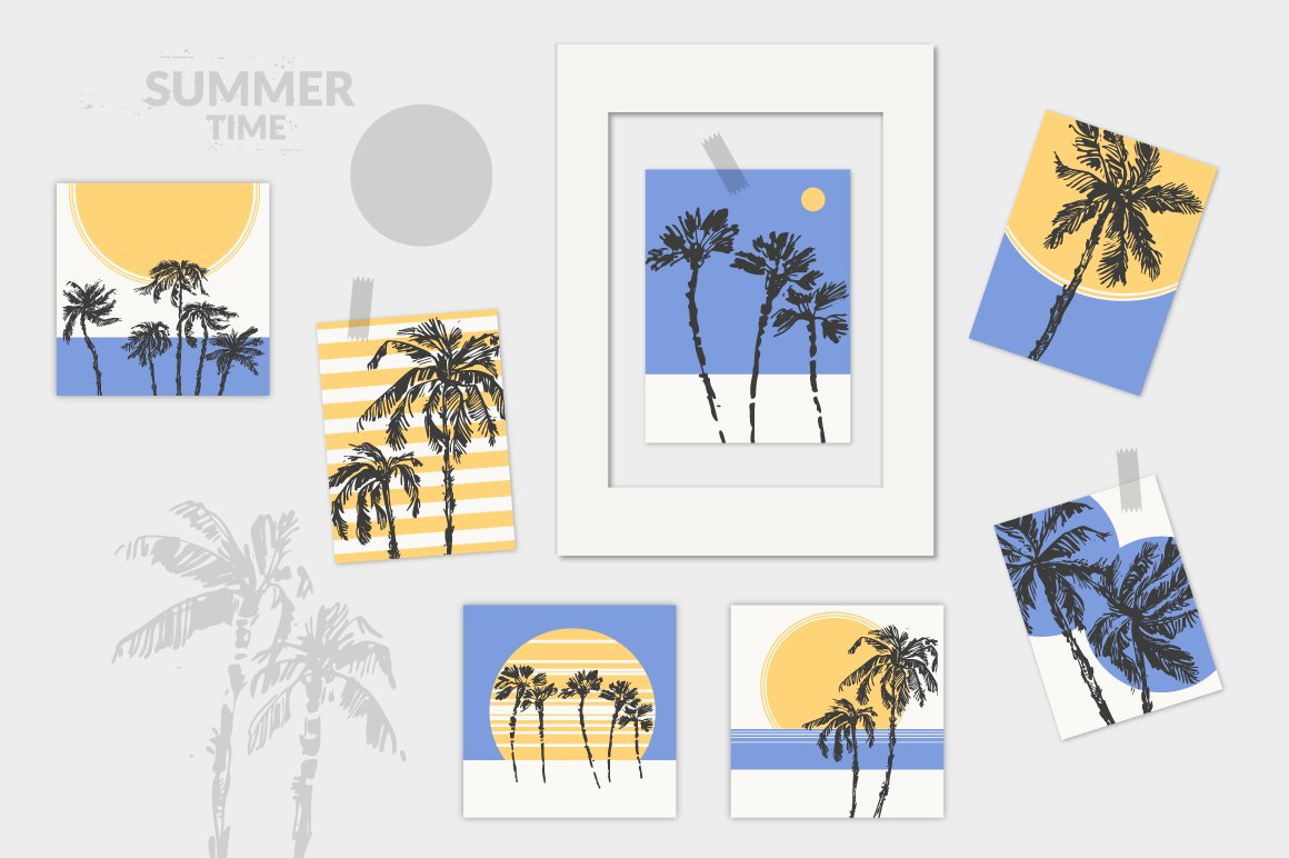 Bunch of pictures of palm trees on a wall.