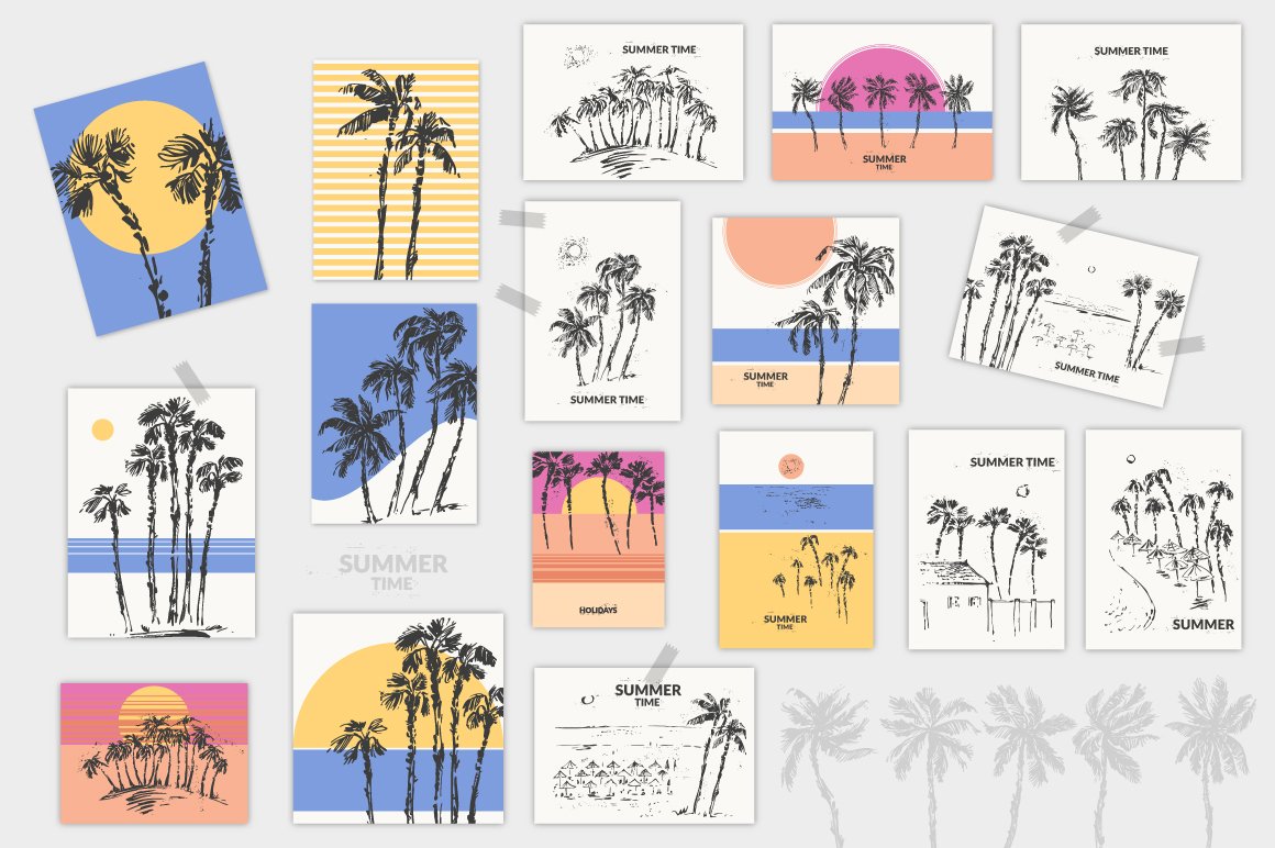 Bunch of cards with palm trees on them.