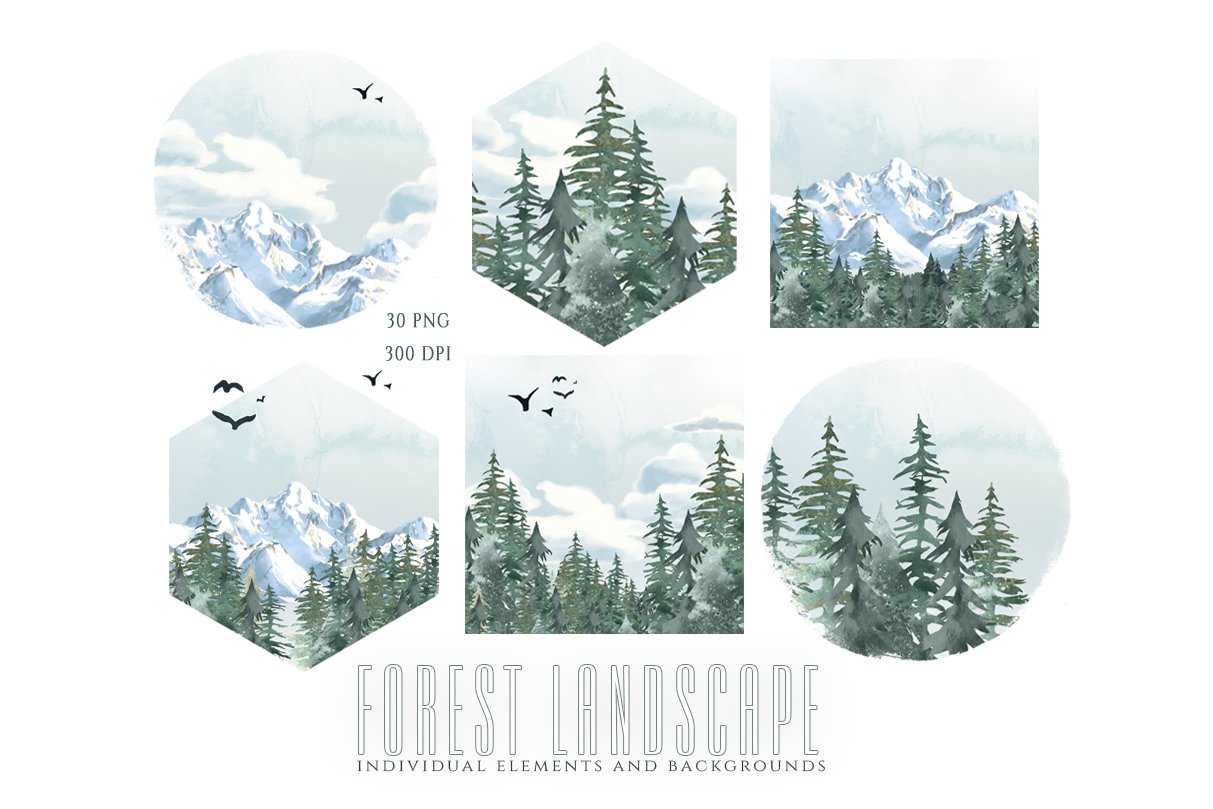 Set of four images of trees and mountains.