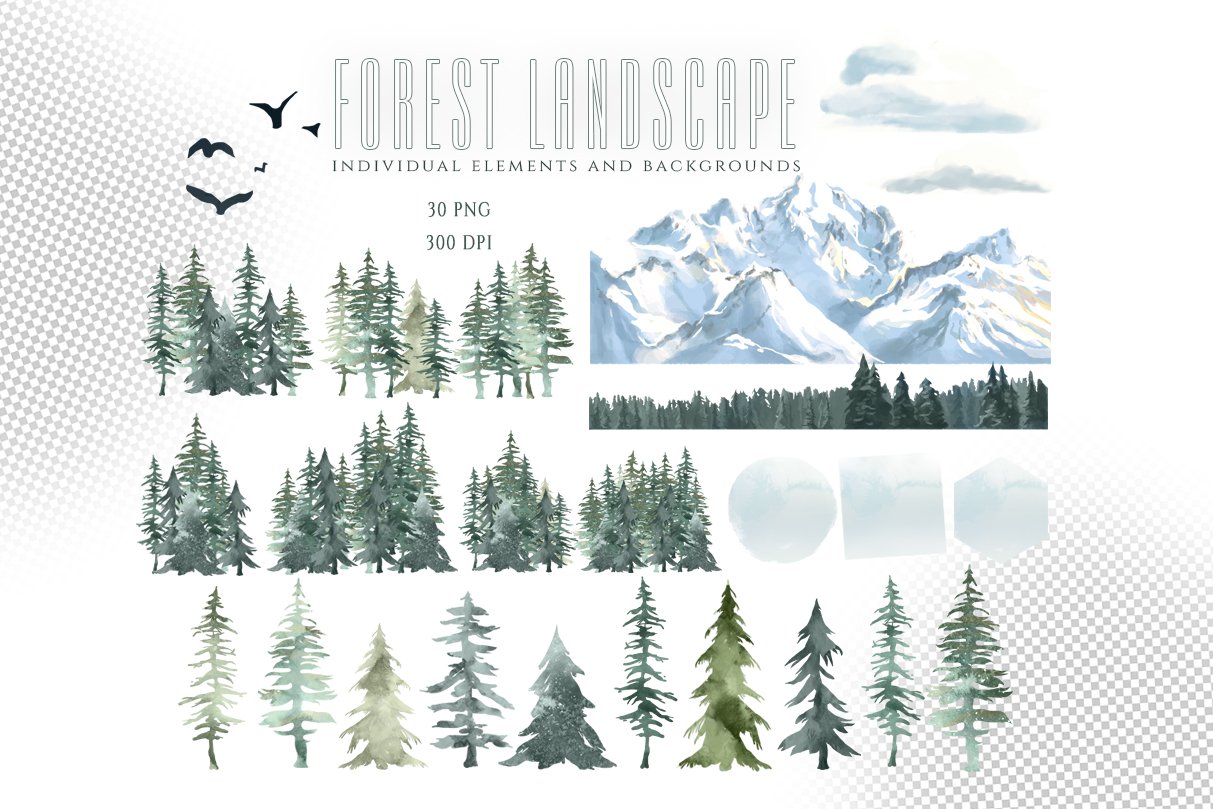 Forest Landscape Watercolor Clipart preview image.