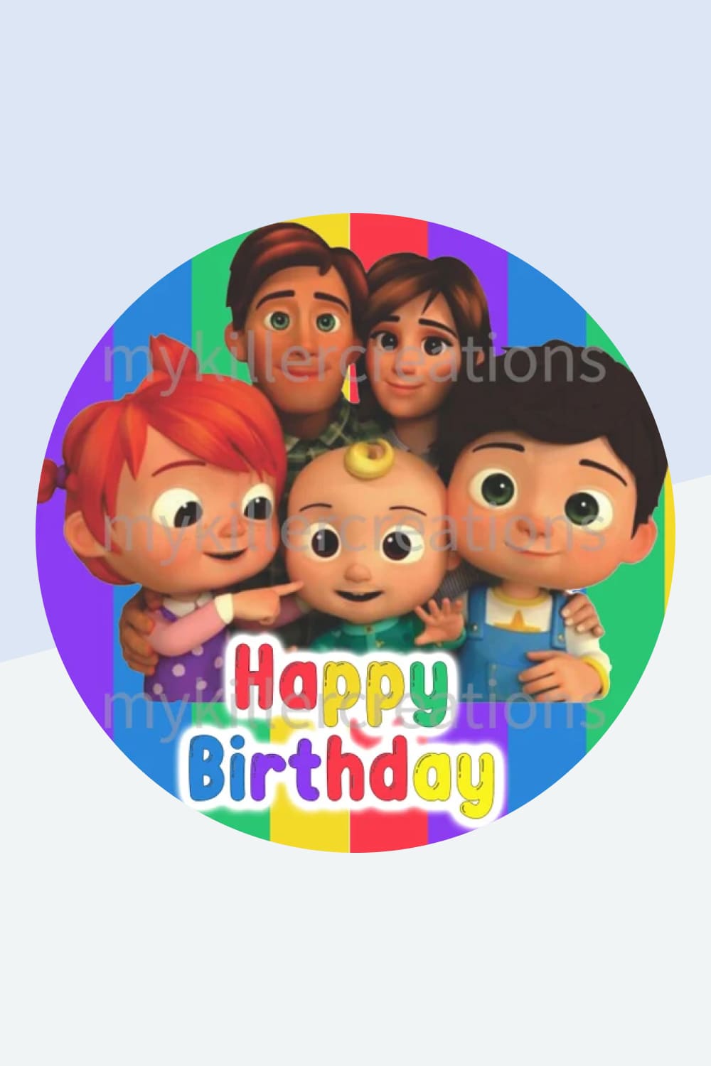 Round birthday image with Cocomelon cartoon characters.