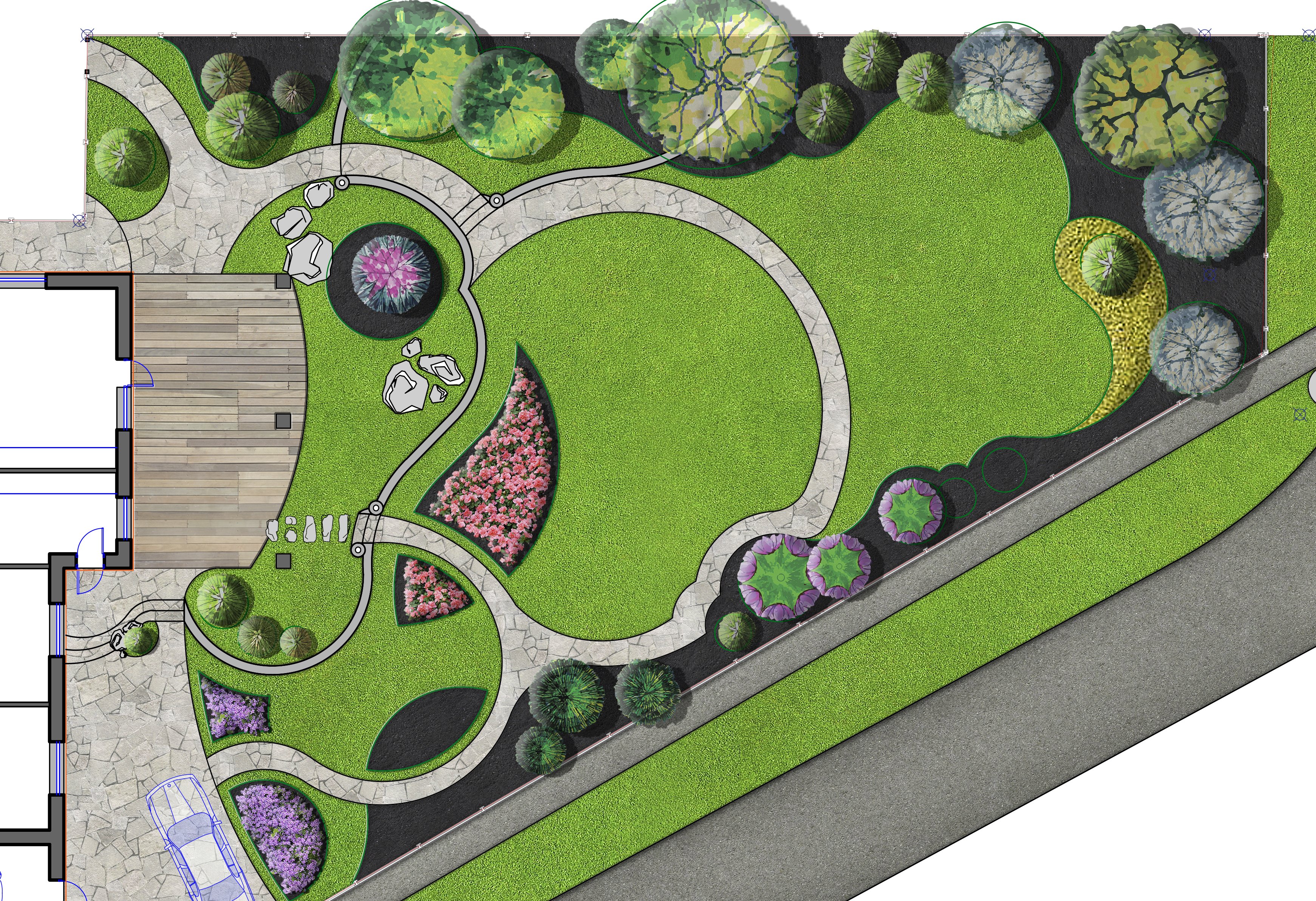 Drawing of a garden with a paved path.