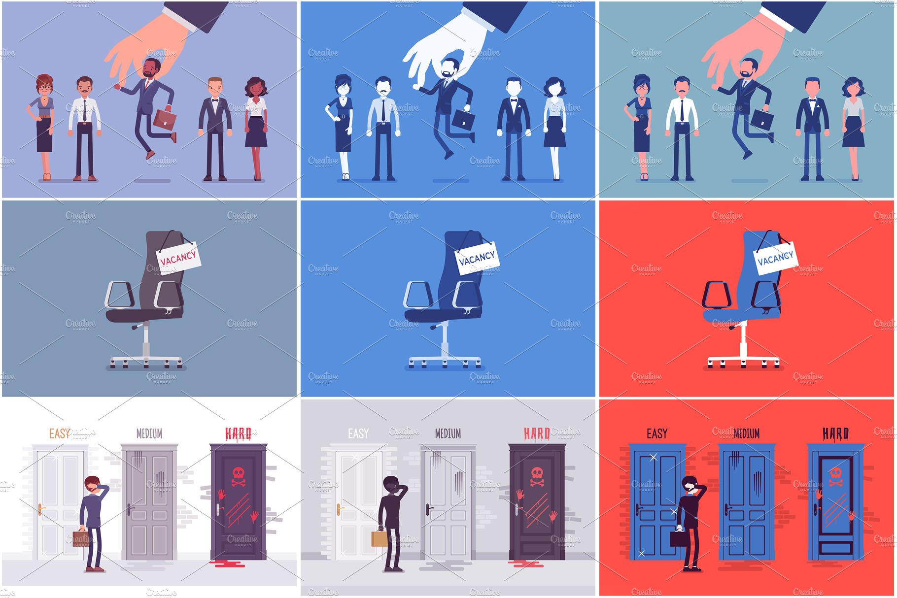 A series of illustrations of people holding signs.
