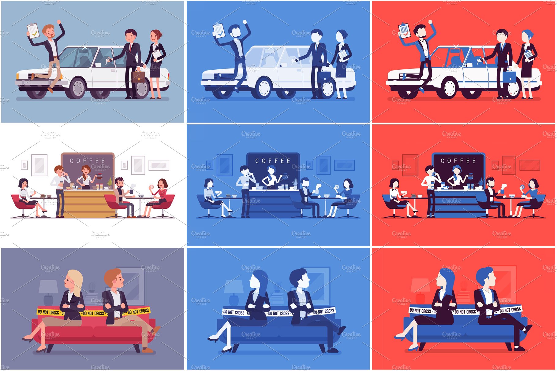 A series of illustrations of people sitting at a table.