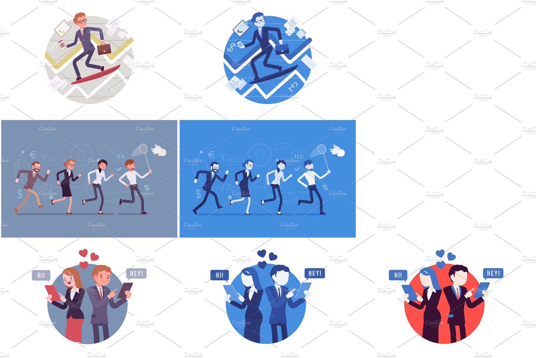 A series of illustrations of people in business suits.