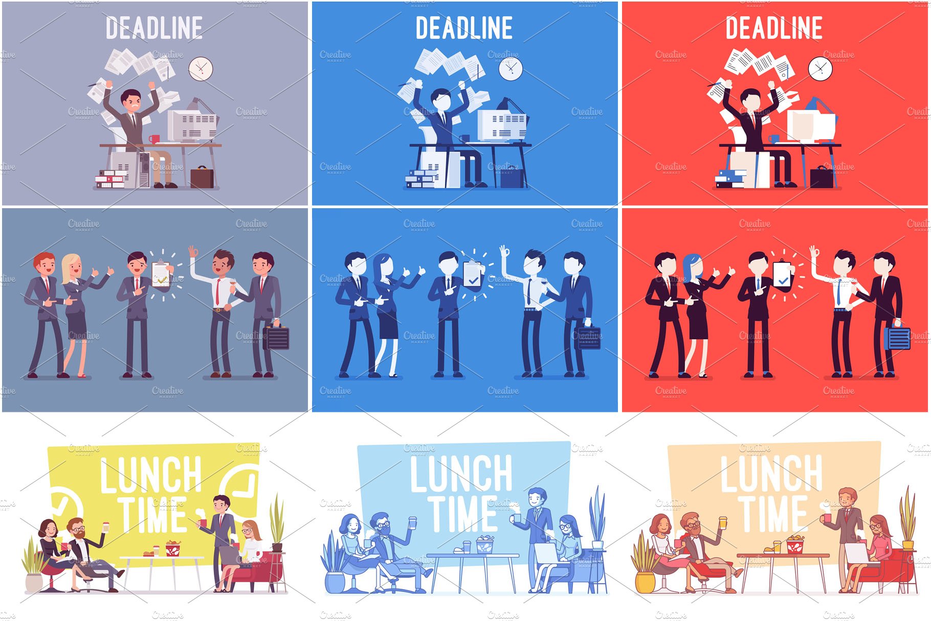 A series of illustrations depicting different stages of a business meeting.