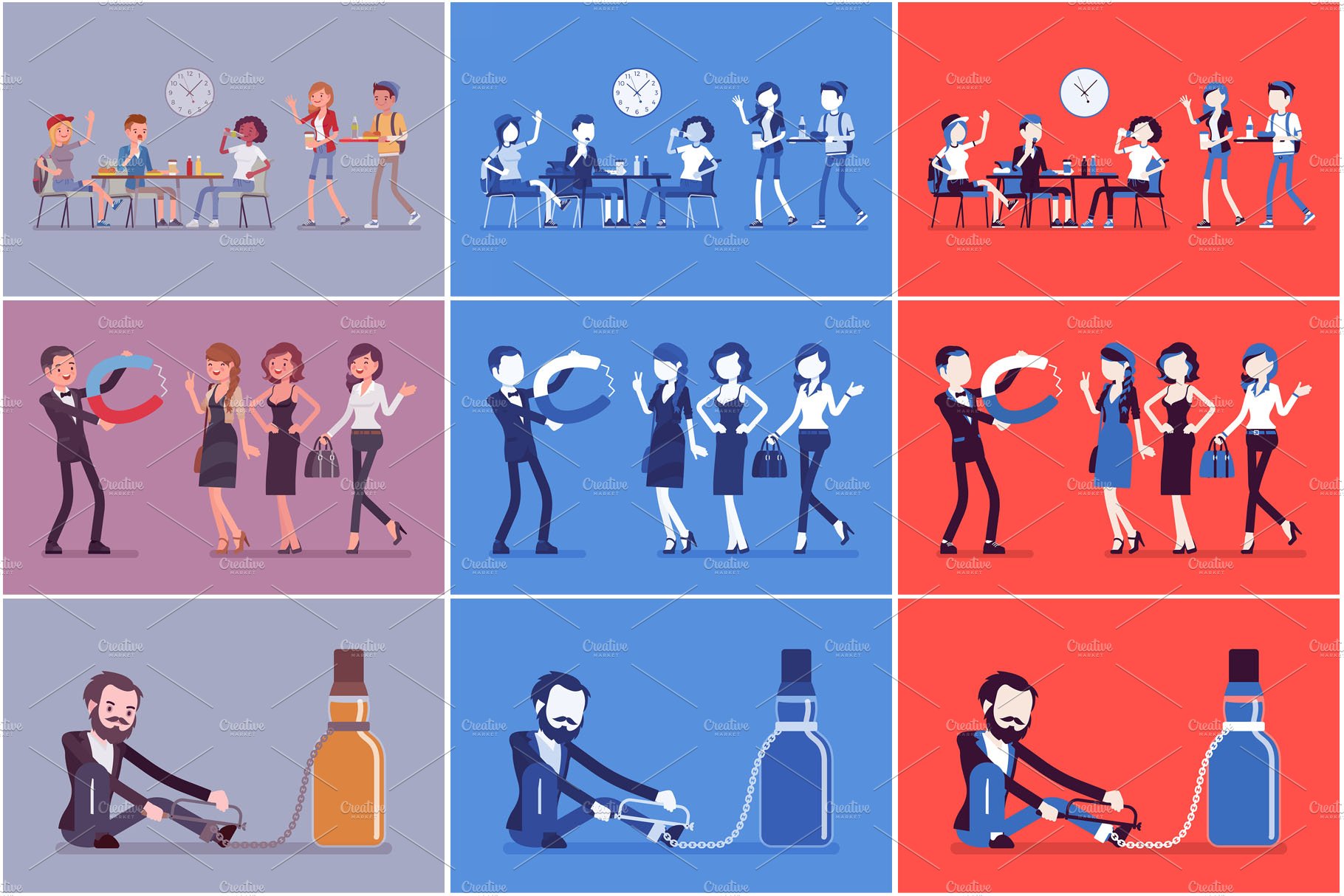 A series of illustrations of people in different poses.