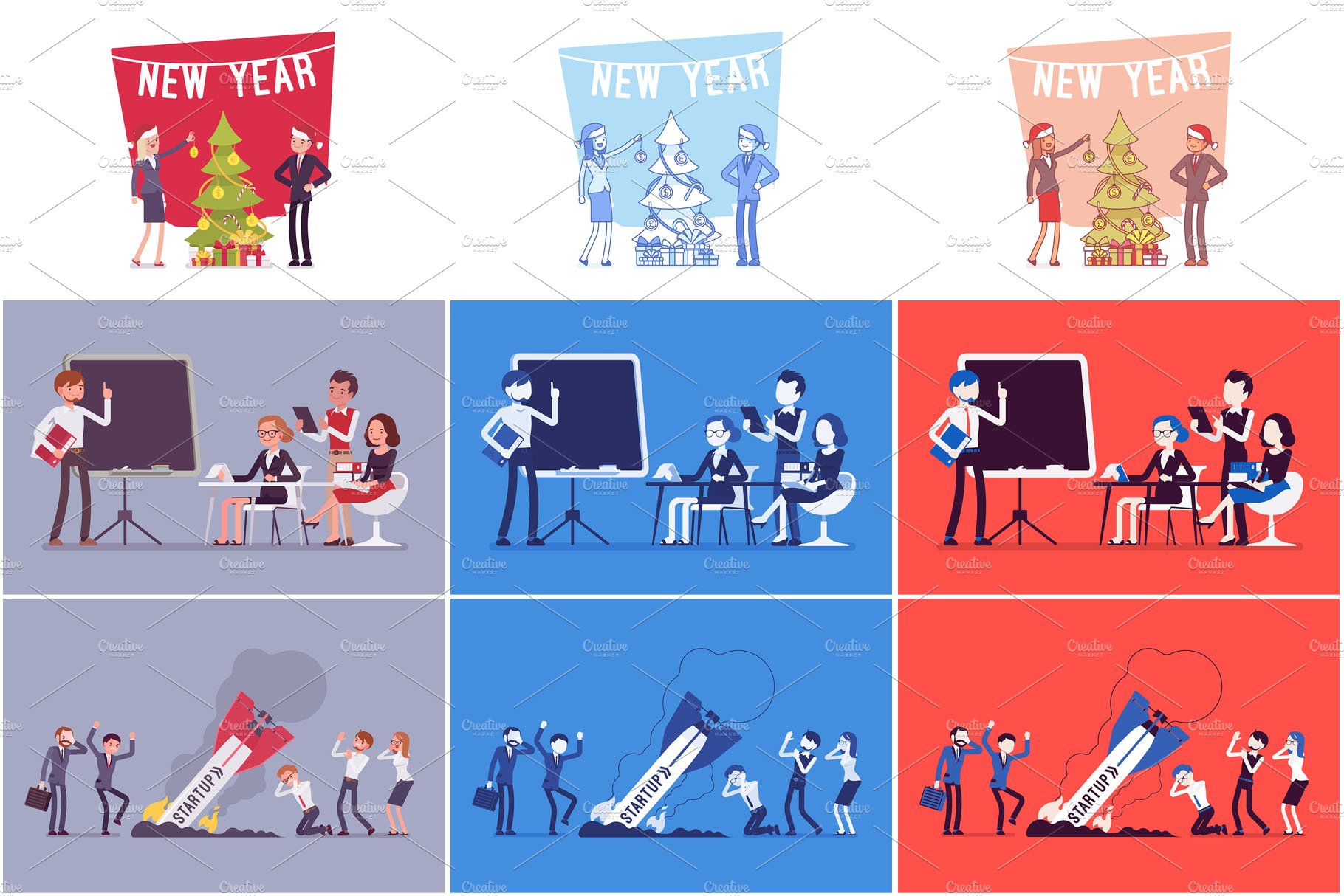 A series of illustrations of people celebrating new year.